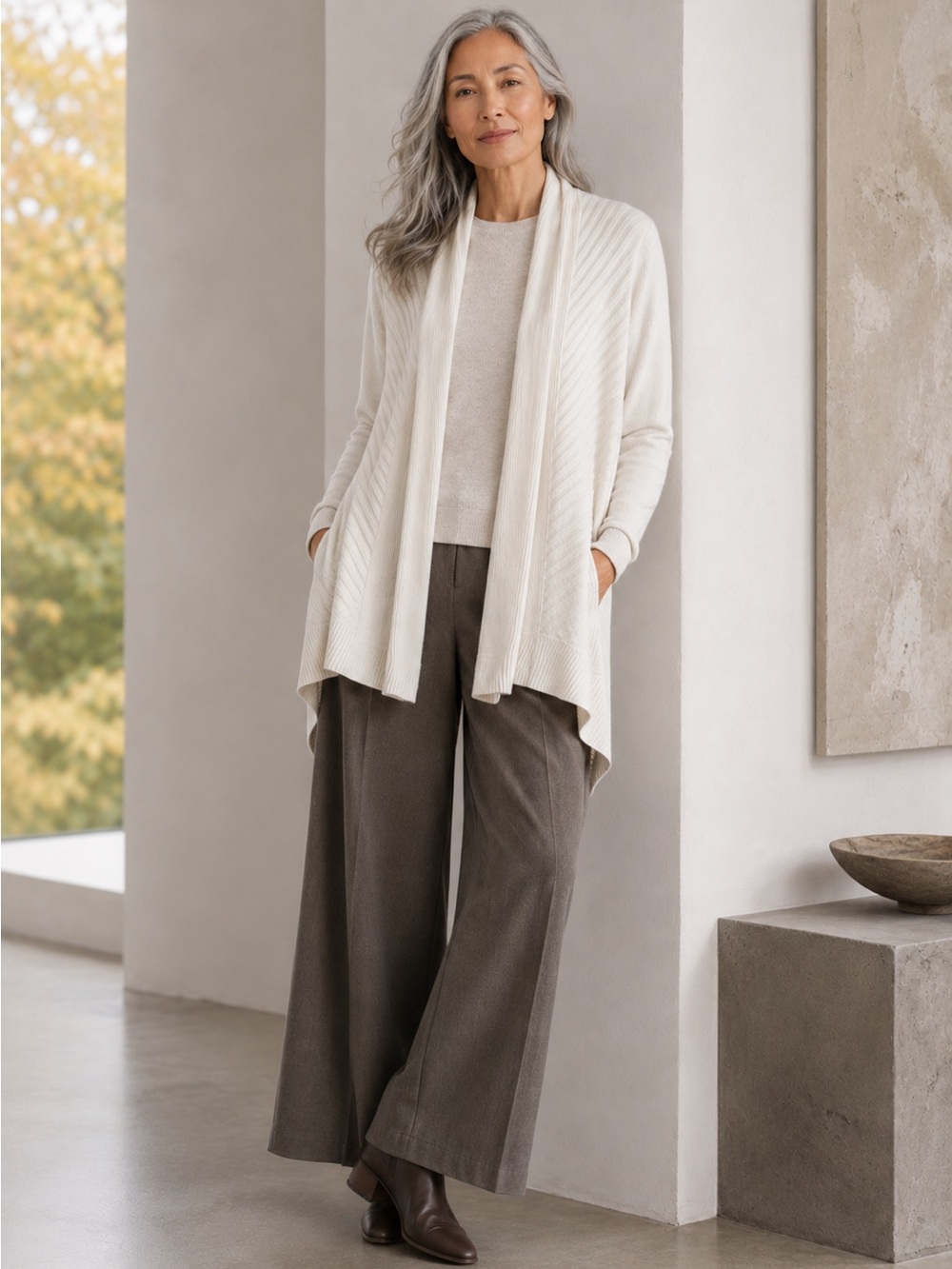 Eileen Fisher Ivory Linen Cotton Open Front Ribbed Cardigan Knit Sweater SZ S
